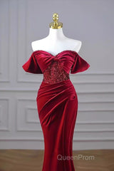 Mermaid Strapless Burgundy Velvet Evening Prom Dresses Evening Dresses