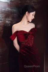 Mermaid Strapless Burgundy Velvet Evening Prom Dresses Evening Dresses