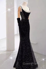 Mermaid Straps Sequin Black Backless Long Evening Prom Dresses
