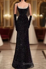Mermaid Straps Sequin Black Backless Long Evening Prom Dresses