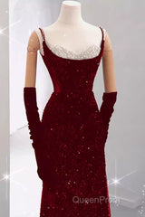 Mermaid Straps Sequin Red Backless Long Evening Prom Dresses