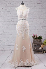 Mermaid Sweep Train Open Back Tulle Evening Prom Appliques Wedding Dresses