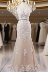 Mermaid Sweep Train Open Back Tulle Evening Prom Appliques Wedding Dresses