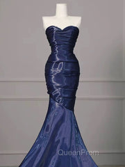 Mermaid Sweetheart Neck Water Satin Dark Blue Long Evening Prom Dresses, Dark Blue Evening Dresses