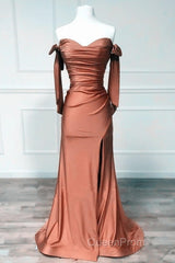 Mermaid Terracotta Ruched Split Satin Dresses