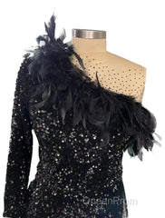 Mermaid / Trumpet Sparkle Sexy Wedding Guest Formal Evening Dresses One Shoulder Long Sleeve Court Train Sequined With Feather Sequin Slit