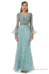 Mermaid Tulle Beading Long Sleeve Prom Dresses