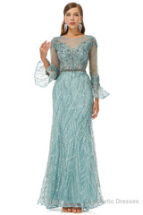 Mermaid Tulle Beading Long Sleeve Prom Dresses