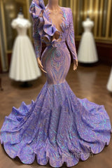 Mermaid V-Neck Appliques Lace Sequined Open Back Floor-Length Long Sleeve Evening Prom Dresses