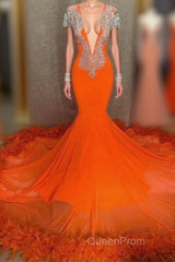 Mermaid V-neck Beaded Sequined Floor-length Long Sleeves With Feather Evening Prom Dresses