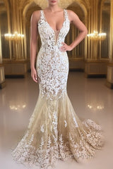 Mermaid V Neck Champagne Lace Evening Prom Dresses, Mermaid Champagne Formal Dresses, Champagne Lace Evening Dresses