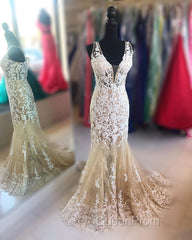 Mermaid V Neck Champagne Lace Evening Prom Dresses, Mermaid Champagne Formal Dresses, Champagne Lace Evening Dresses