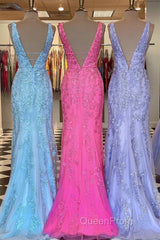 Mermaid V Neck Open Back Lace Long Evening Prom Dresses, Mermaid Formal Evening Dresses