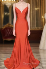 Mermaid V Neck Orange Evening Prom Dresses Spaghetti Straps