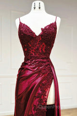 Mermaid V Neck Satin Lace Burgundy Long Evening Prom Dresses, Burgundy Long Formal Dresses