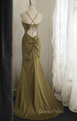 Mermaid V-Neck Satin Long Evening Prom Dresses Elegant Spaghetti Strap Formal Dresses