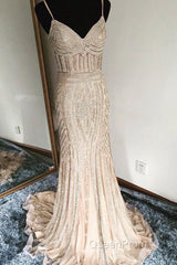 Mermaid V Neck Sequined Black Evening Prom Dresses Spaghetti Straps