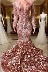 Mermaid V-neck Sequined Floor-length Long Sleeve Lace Evening Prom Dresses With Feather
