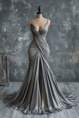 Mermaid V Neck Silver Spaghetti Straps Satin Long Evening Prom Dresses Sexy Evening Dresses