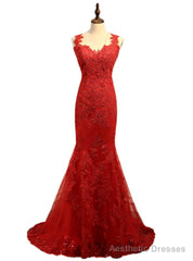 Mermaid V-neck Tulle Appliques Lace See Through Sexy Long Prom Dresses