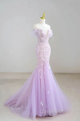Mermaid V Neck Tulle Sequin Purple Long Evening Prom Dresses Formal Dresses