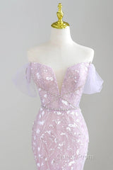 Mermaid V Neck Tulle Sequin Purple Long Evening Prom Dresses, Purple Long Formal Dresses