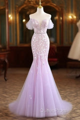 Mermaid V Neck Tulle Sequin Purple Long Evening Prom Dresses, Purple Long Formal Dresses