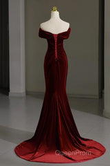 Mermaid Velvet Burgundy Long Evening Prom Dresses, Burgundy Long Evening Dresses