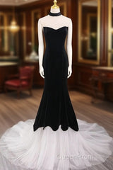 Mermaid Velvet Tulle Black Long Evening Prom Dresses, Black Long Formal Dresses