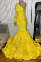 Mermaid Yellow One Shoulder Long Sleeve Evening Prom Dresses