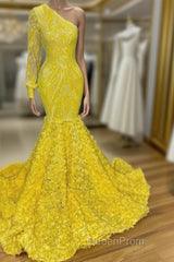 Mermaid Yellow One Shoulder Long Sleeve Evening Prom Dresses