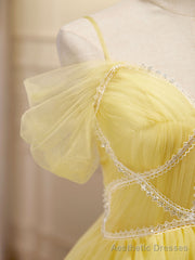 Mini/Short Yellow Prom Dresses, Yellow Cute Homecoming Dress With Beading Lace