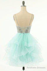 Mint Green Beaded Layered Tulle Homecoming Dress