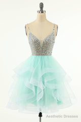 Mint Green Beaded Layered Tulle Homecoming Dress