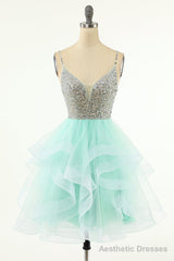 Mint Green Homecoming Dresses Straps V-Neck Multi-Layer Beaded Prom Dresses