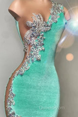 Mint Green Velvet Crstyal Sheer Mermaid Evening Prom Dresses
