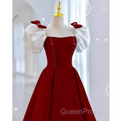 Modest A Line Long Short Sleeves Satin Red Evening Prom Dresses