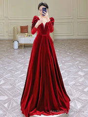 Modest A Line Long Sleeves Red Satin Evening Dress Prom Dresses