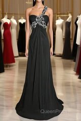 Modest A Line One Shoulder Gray Chiffon Long Evening Prom Dresses Party Dresses