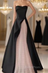 Modest A Line Strapless Long Satin Black Evening Prom Dresses