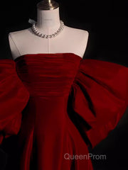 Modest A Line Strapless Long Short Sleeves Satin Red Evening Prom Dresses