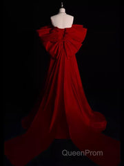 Modest A Line Strapless Long Short Sleeves Satin Red Evening Prom Dresses