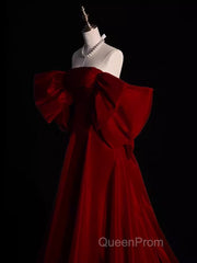 Modest A Line Strapless Long Short Sleeves Satin Red Evening Prom Dresses