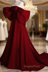 Modest A Line Strapless Long Short Sleeves Satin Red Evening Prom Dresses