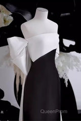 Modest A Line Strapless Long Sleeveless Satin Black Evening Prom Dresses