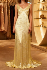 Modest A Line V Neckline Yellow Satin Beads Long Party Dresses Evening Prom Dresses