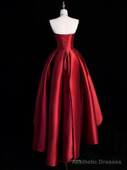 Modest Ball Gown Strapless Burgundy Satin High Low Evening Dress Prom Dresses