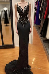 Modest Black Spaghetti Strap Mermaid Satin Evening Prom Dresses Long Evening Prom Dresses