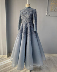 modest blue Evening Prom Dresses lace emroidery evening Dresses