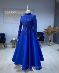 modest blue Evening Prom Dresses lace emroidery evening Dresses